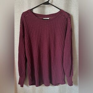 Maurices•ribbed scoop neck sweater•women’s XL•drop sleeve•crochet lace•maroon